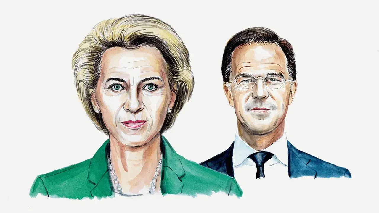 Illustrated portrait of Ursula von der Leyen and Mark Rutte on European NATO defence readiness