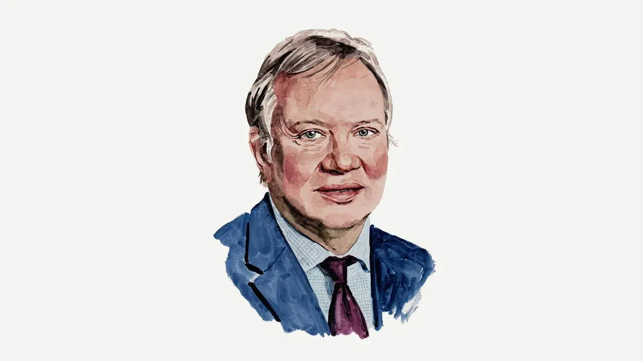 Watercolour illustration of a grey-haired man in a blue suit and white shirt.