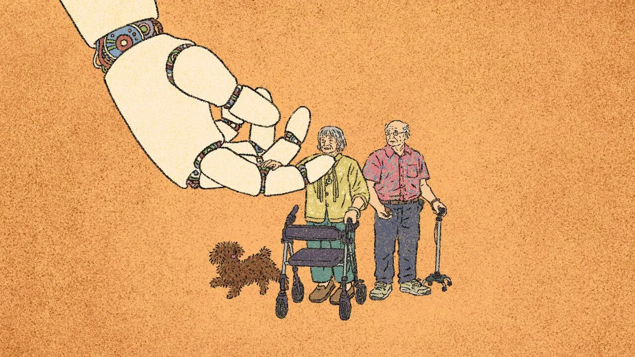 A giant robot hand gently supports and assists a group of elderly people.