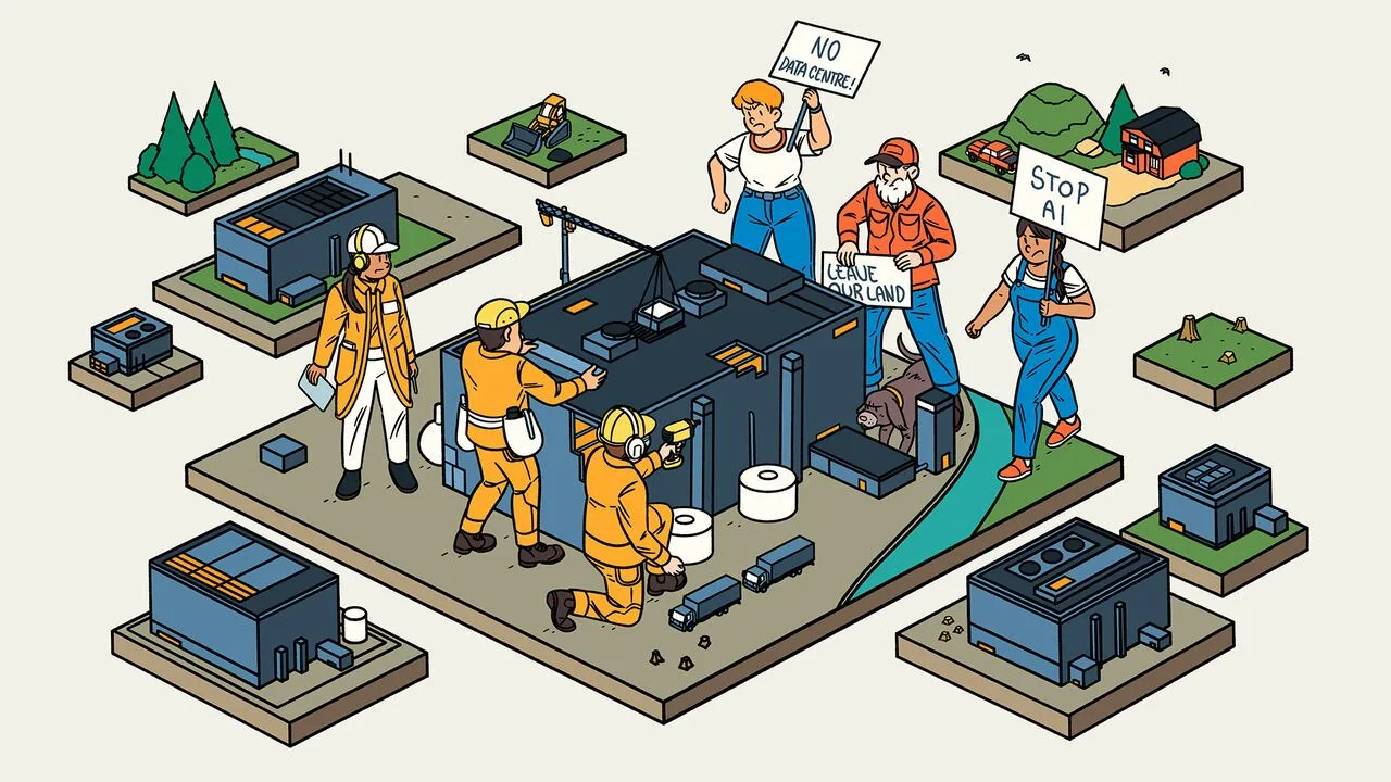 Illustrated workers in various roles surrounding industrial equipment, symbolising labour and industry.