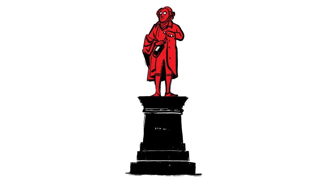 Stylised illustration of an 18th-century gentleman standing like a statue on a pedestal, holding a wine bottle, in red and black