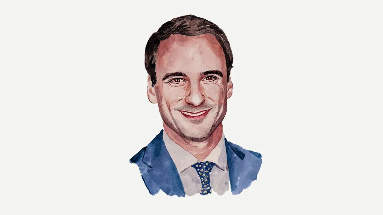 Watercolour illustration of a smiling man in a blue suit and tie.