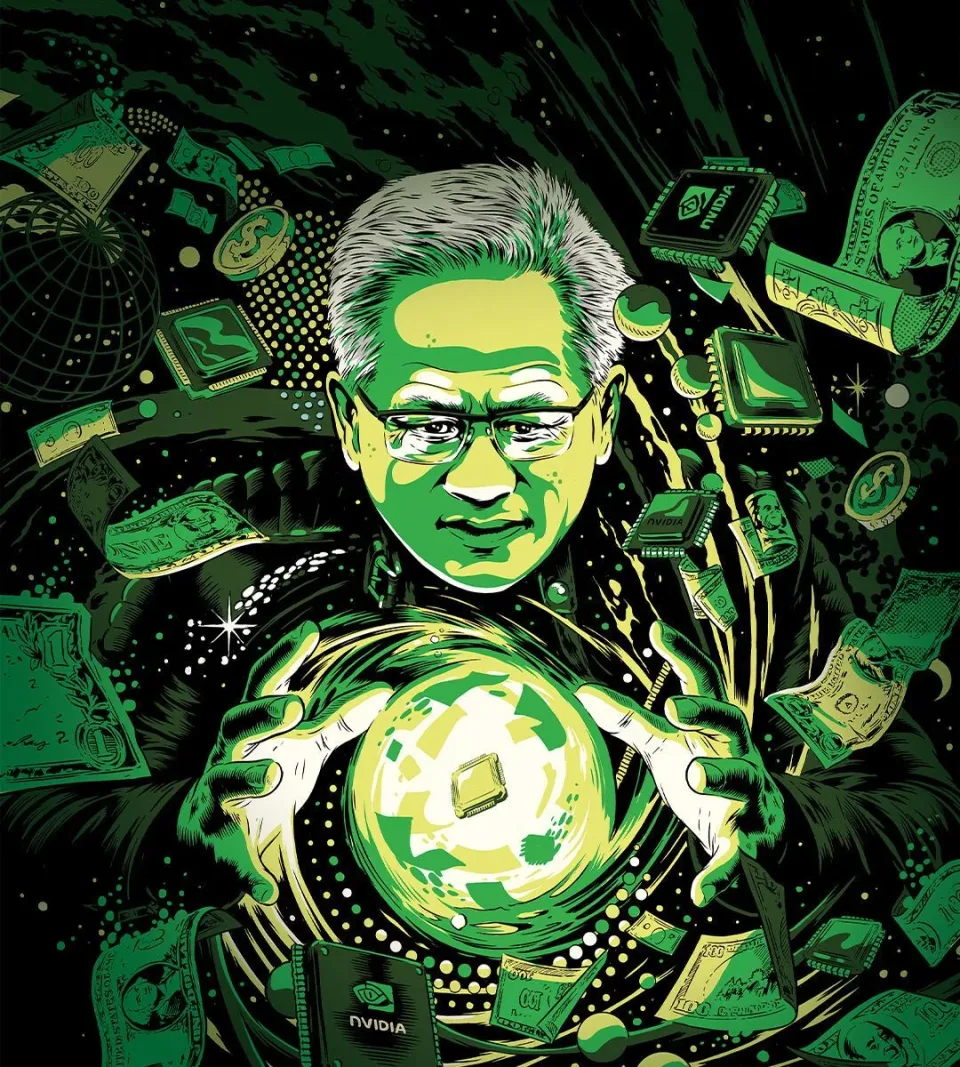 Jensen Huang, Nvidia chief, depicted as a superhero holding a glowing chip, surrounded by circuitry.