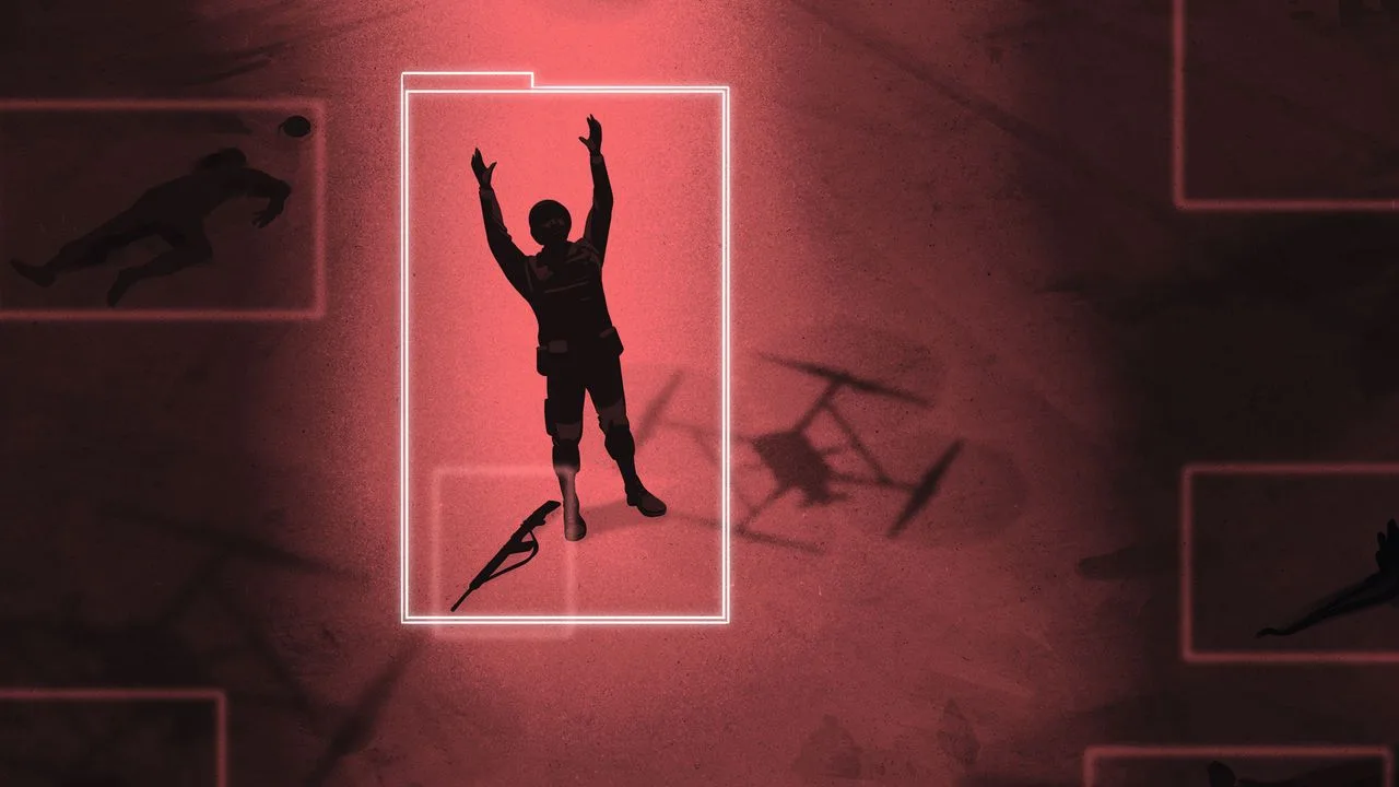AI analysis illustration showing a soldier putting his gun down and raising his hands