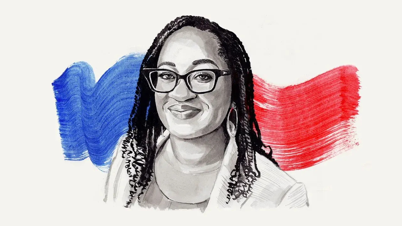 Black-and-white portrait of a smiling woman with glasses, set against red and blue brushstroke background.