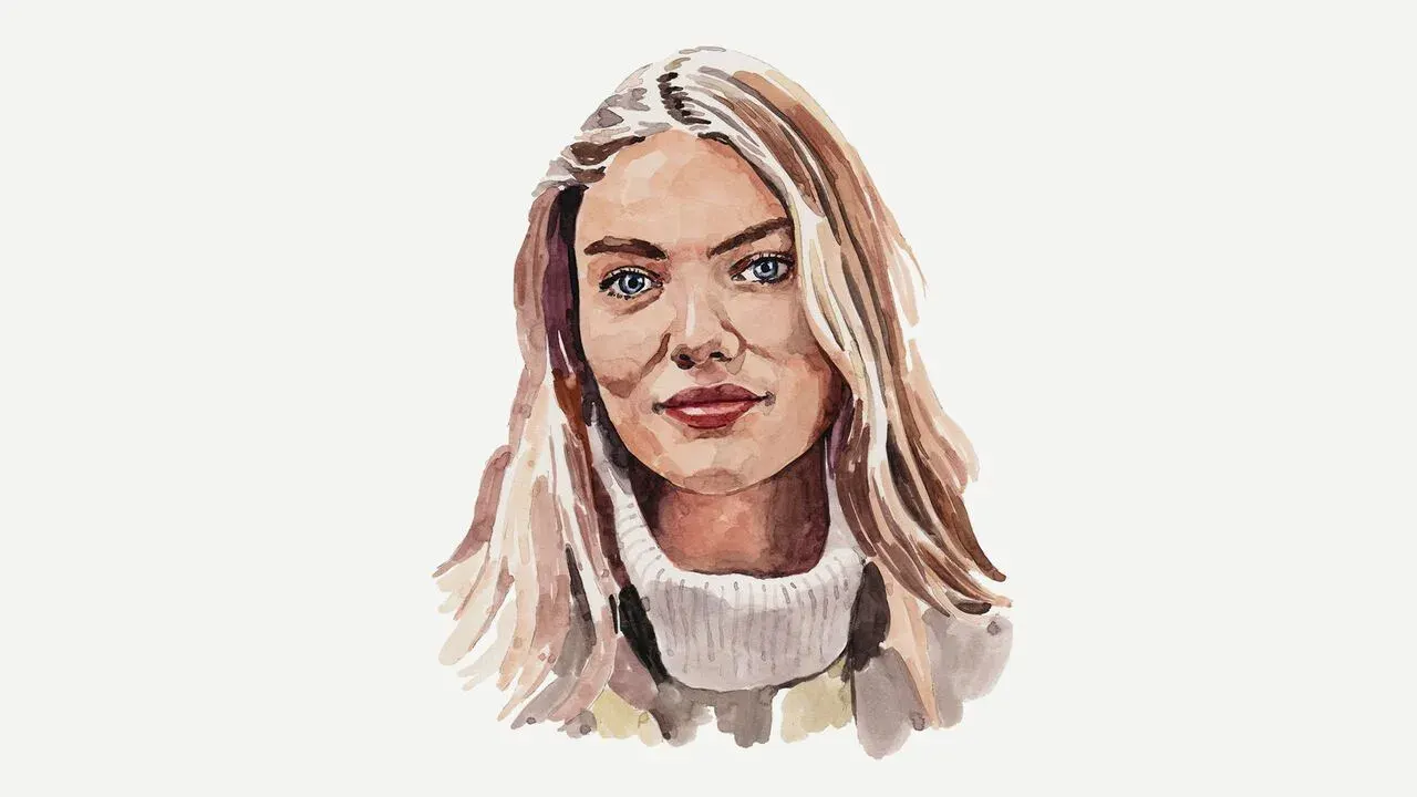 Watercolour-style illustration of a young blonde woman in a white turtleneck jumper.