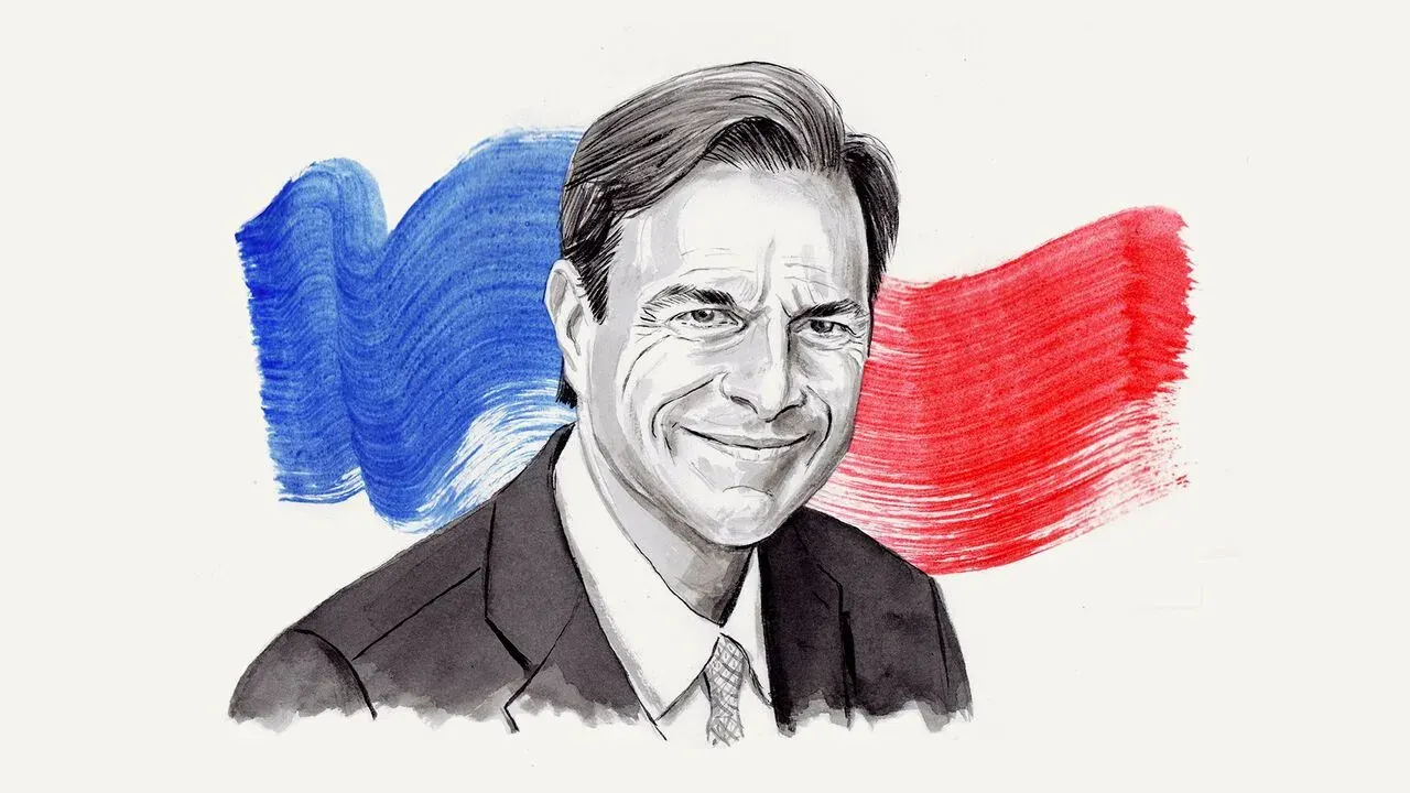 Illustrated portrait of a smiling man in a suit, with red and blue brushstrokes behind him.