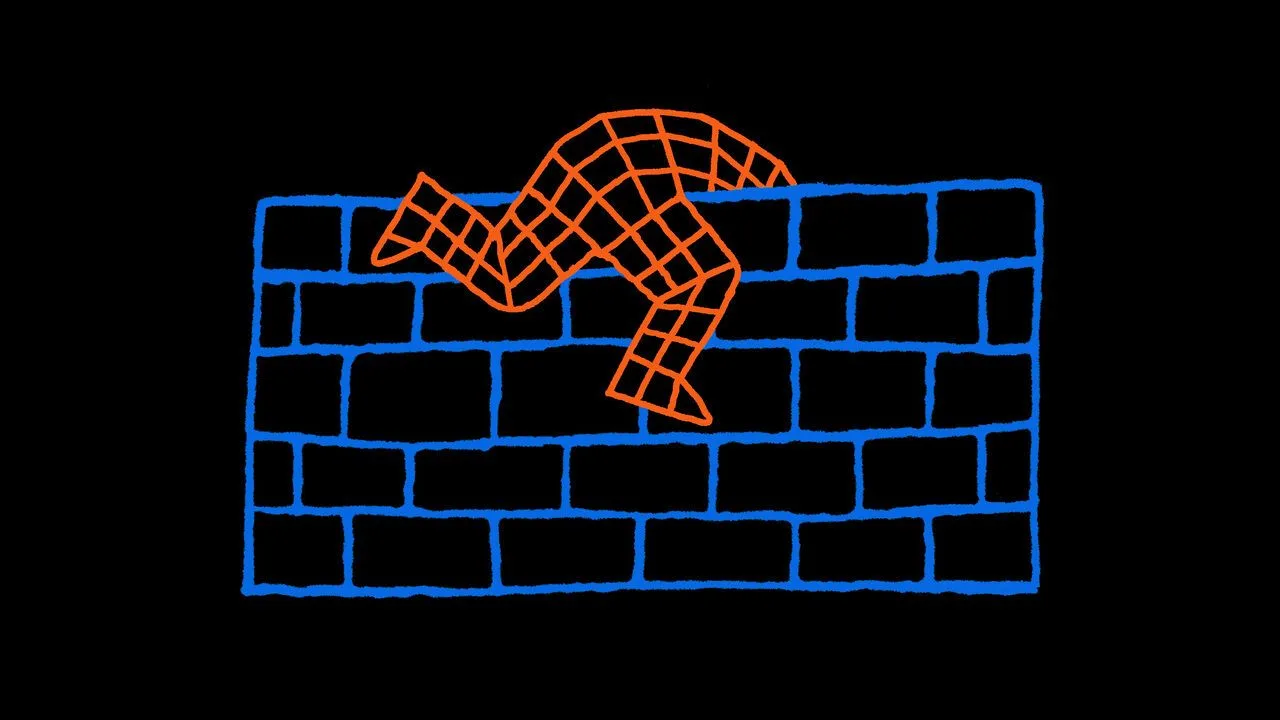 Illustration of a wireframe figure climbing over a wall.