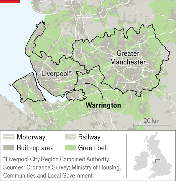 Map showing Warrington between Manchester and Liverpool near the M6, M56 and M62