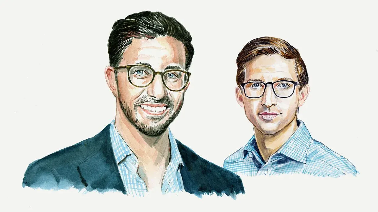 Illustration portrait of authors Joshua Zoffer and Chris Miller on quantum computing investment
