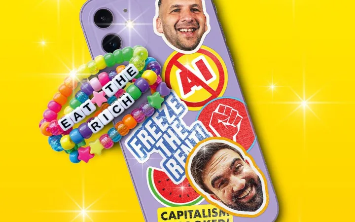 Phone case with stickers reading "Capitalism is Cooked" and "Eat the Rich" on yellow background.