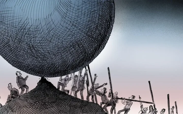 Cartoon showing figures straining to push a huge boulder uphill.