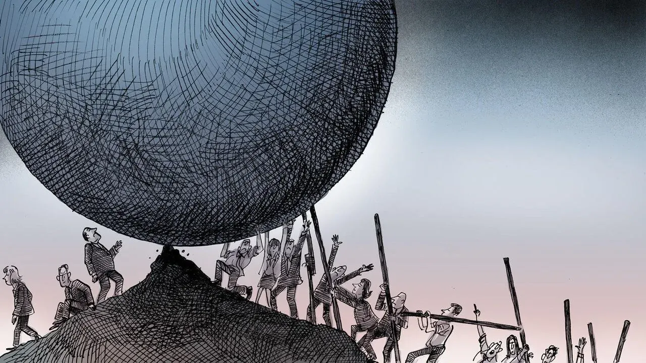 Illustration of people pushing a giant round rock up a hill.