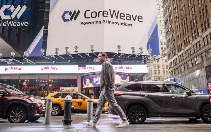 CoreWeave branding displayed in Times Square, New York