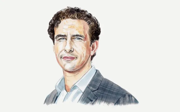 Sketch-style illustrated portrait of a dark-haired man wearing a suit jacket.