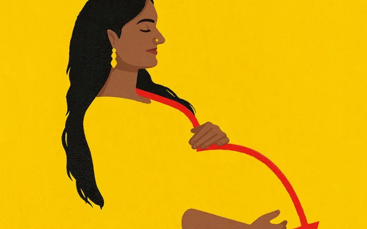 Illustration of a woman holding a red downward-pointing arrow, suggesting economic decline.