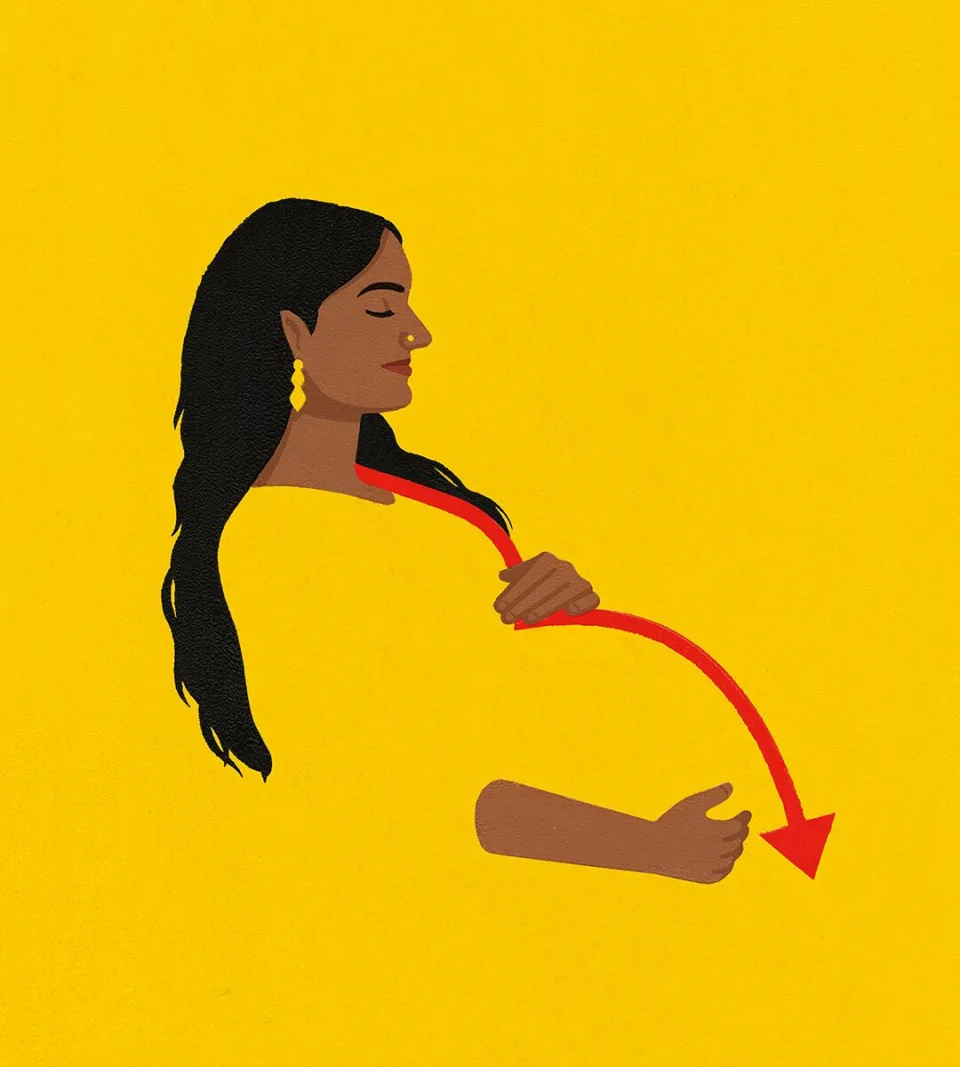 Illustration of a woman holding a large red arrow pointing down, symbolising falling fertility.