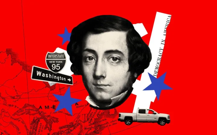 Collage of De Tocqueville on a red background, with a map of the United States and blue stars.
