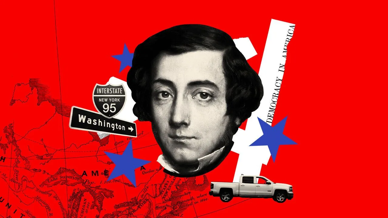 Illustration for America's 250th road trip series showing Alexis de Tocqueville on a red background with a map of the United States and blue stars