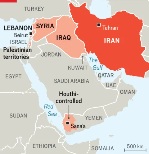 Map showing the axis of resistance stretching from Lebanon and Syria through Iraq and Iran to Yemen