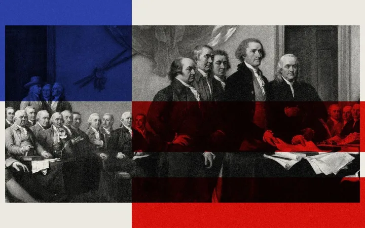Collage illustration depicting America's founding fathers