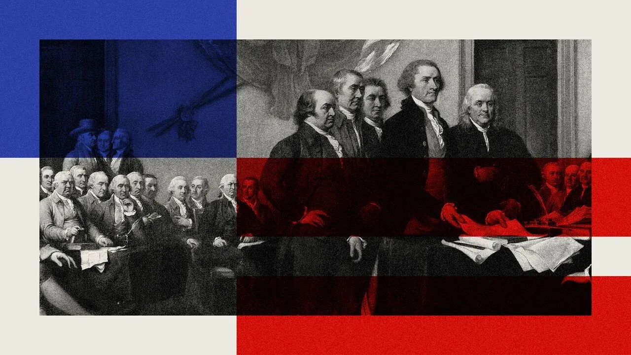 Collage illustration depicting America's founding fathers