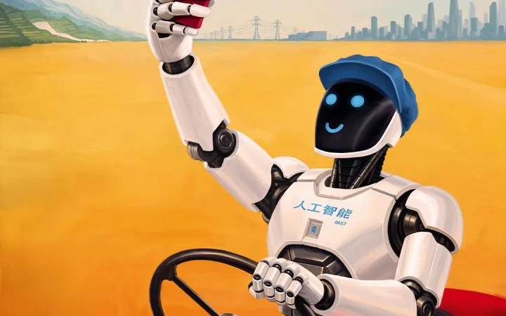 Illustration of a white humanoid robot driving a red tractor in a field while taking a selfie with a red smartphone with a yellow star on it. A city skyline stands in the background.