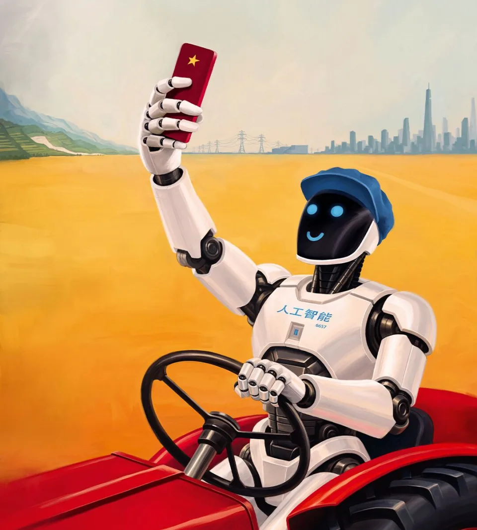 Illustration of a white humanoid robot driving a red tractor in a field while taking a selfie with a red smartphone with a yellow star on it. A city skyline stands in the background.
