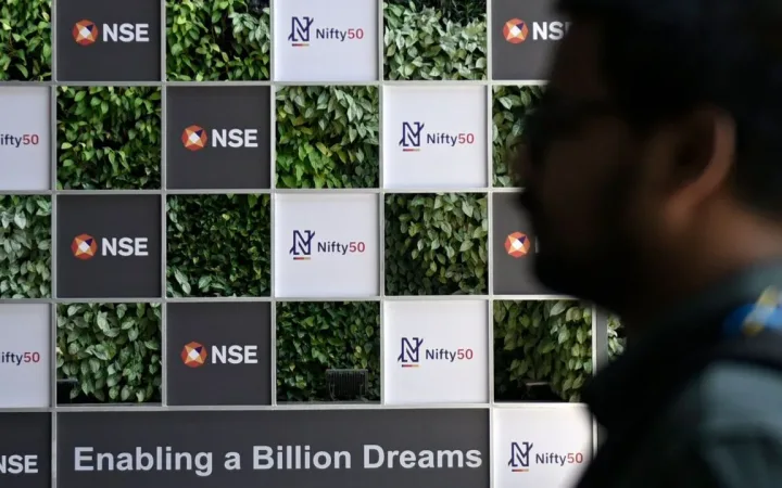Nifty 50 and National Stock Exchange signage at the NSE building in Mumbai's business district