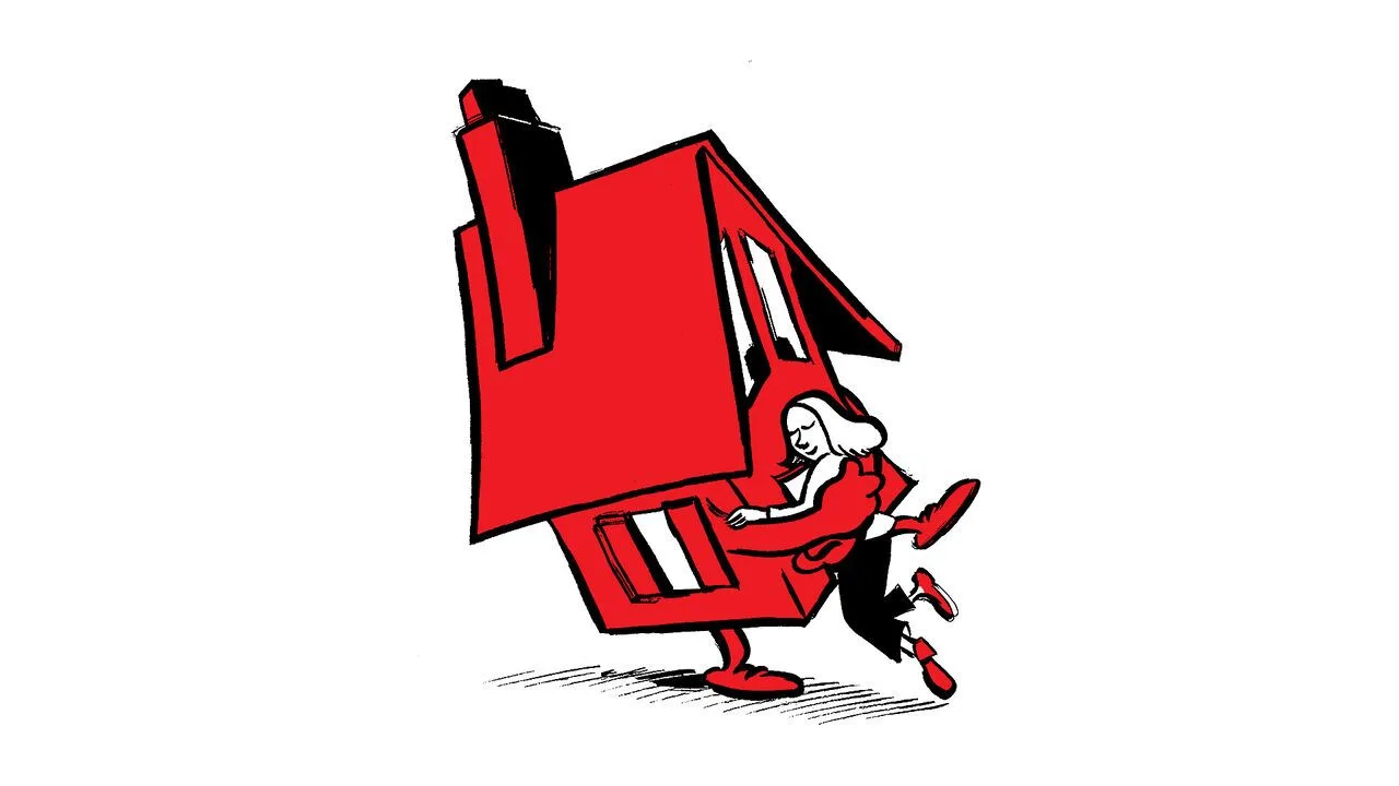 Illustration of a house embracing a person, symbolising comfort and security.