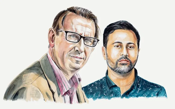 Illustrated portraits of Soccernomics podcast hosts Stefan Szymanski and Ashish Malhotra