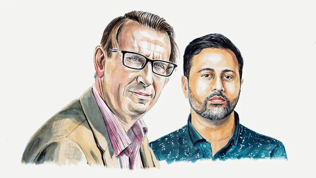 Illustrated portraits of Soccernomics podcast hosts Stefan Szymanski and Ashish Malhotra