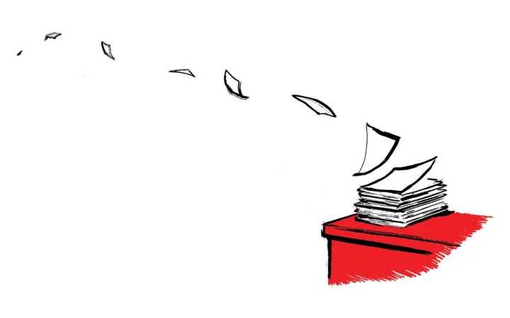 The illustration shows a stack of papers on a desk, with pages blowing away. It suggests information, paperwork or research being disrupted, lost or swept aside.