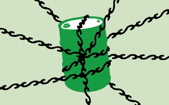 Illustration of an oil barrel wrapped in chains with dollar signs