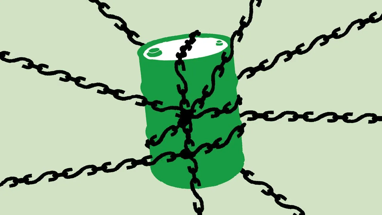 Illustration of an oil barrel wrapped in chains with dollar signs