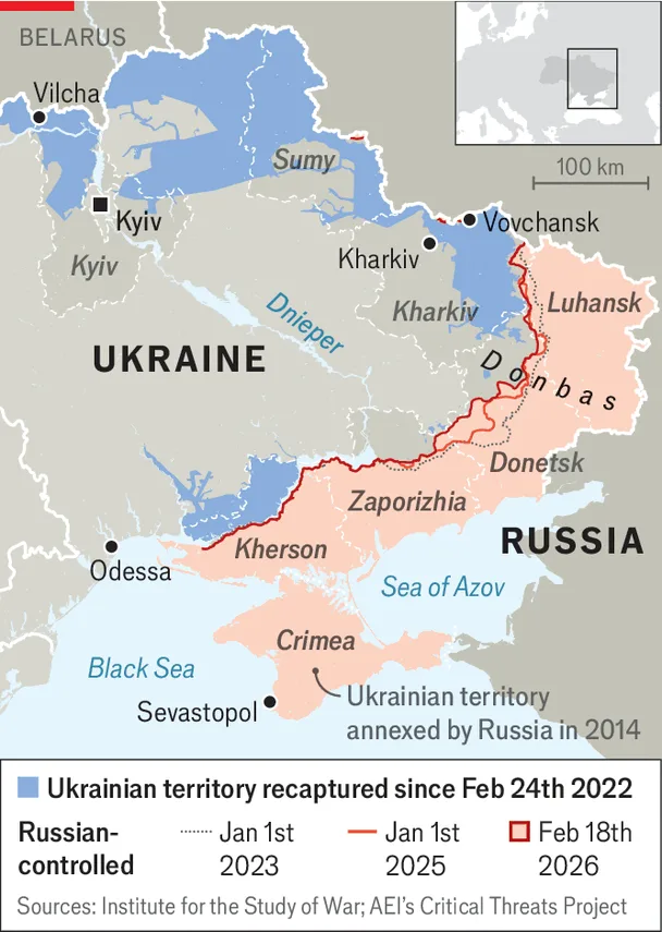 Map showing territorial control in Ukraine and land retaken since February 24, 2022