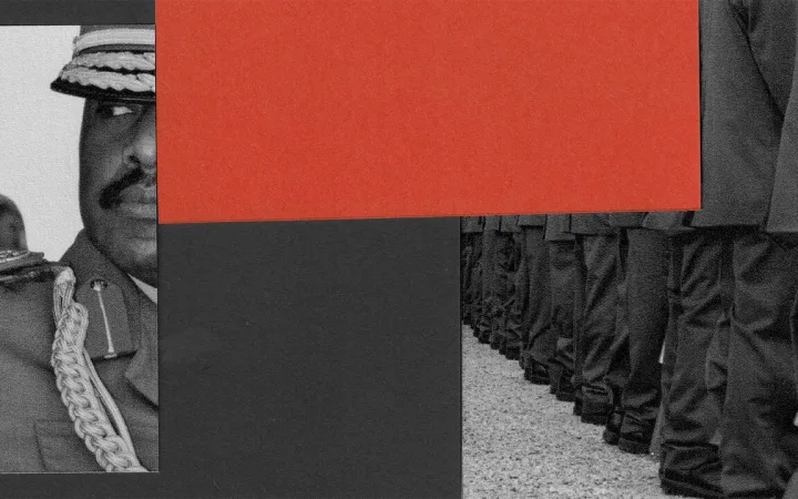 Graphic collage of Muhoozi and a line of soldiers