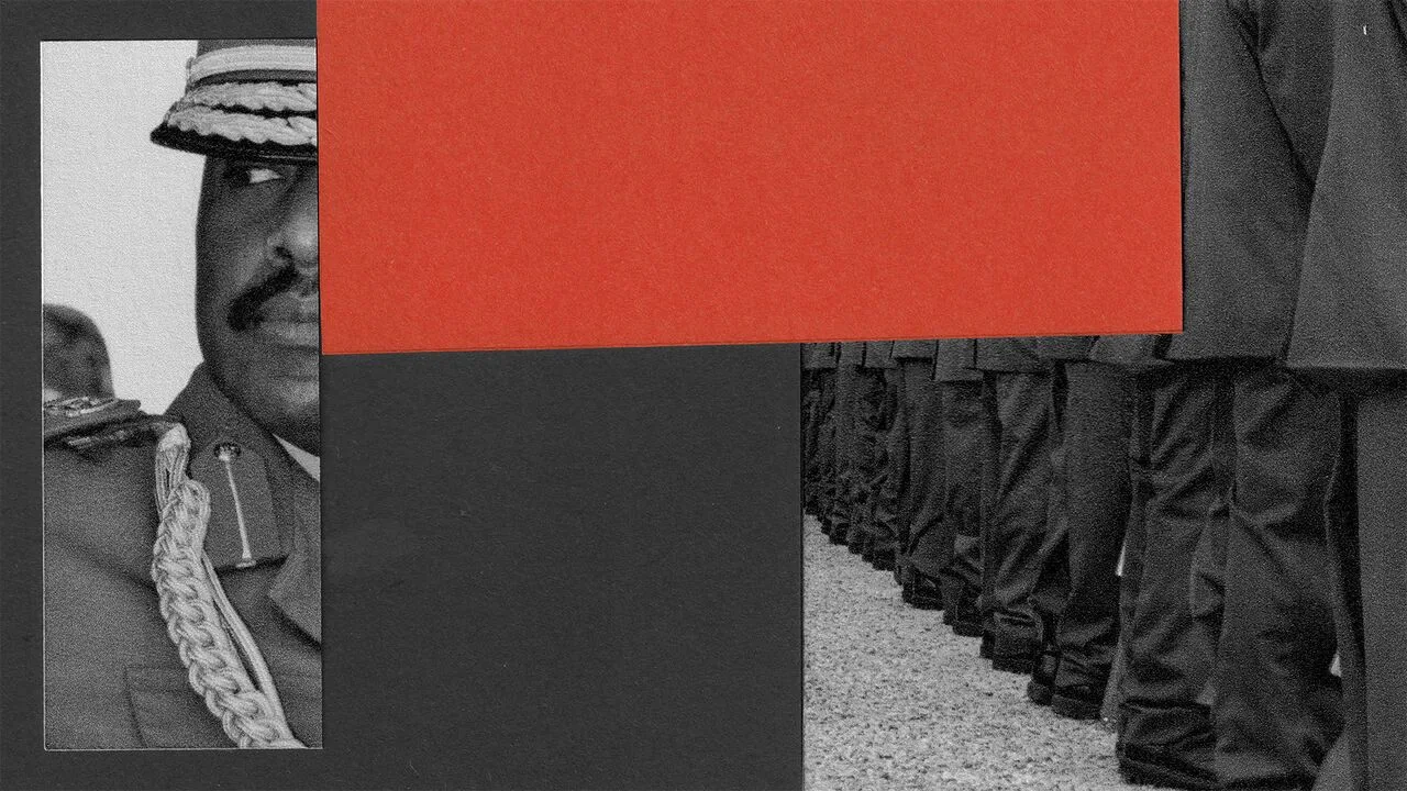 Graphic collage of Muhoozi Kainerugaba and a line of soldiers