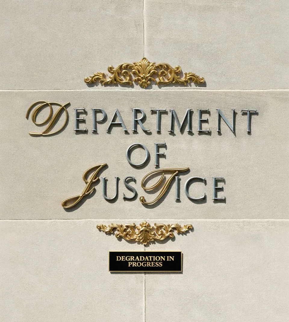 Gold Department of Justice lettering on a stone wall in Washington, DC.