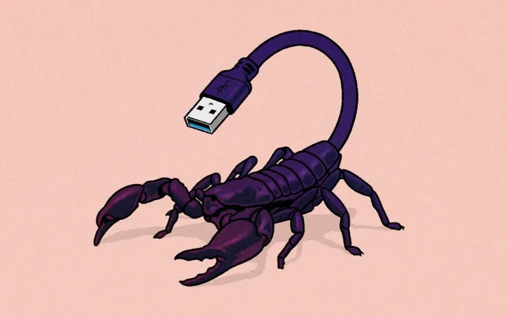 Illustration of scorpion-like cyber threat with USB tail symbolizing AI agents hacking
