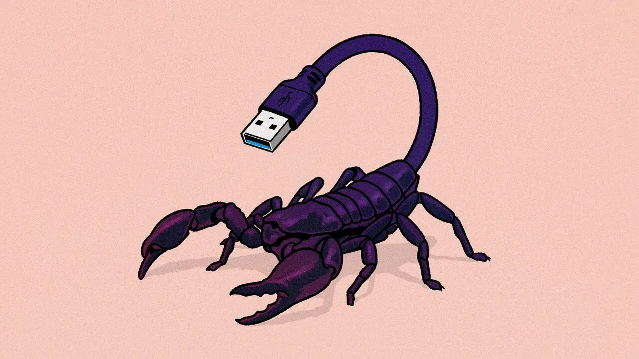 USBの尾を持つサソリのようなサイバー脅威を描いたイラスト。AIエージェントによるハッキングを象徴