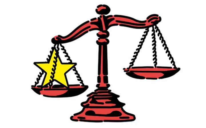 Illustration of a balance scale with a large yellow star weighing down the left pan and an empty right pan raised higher.