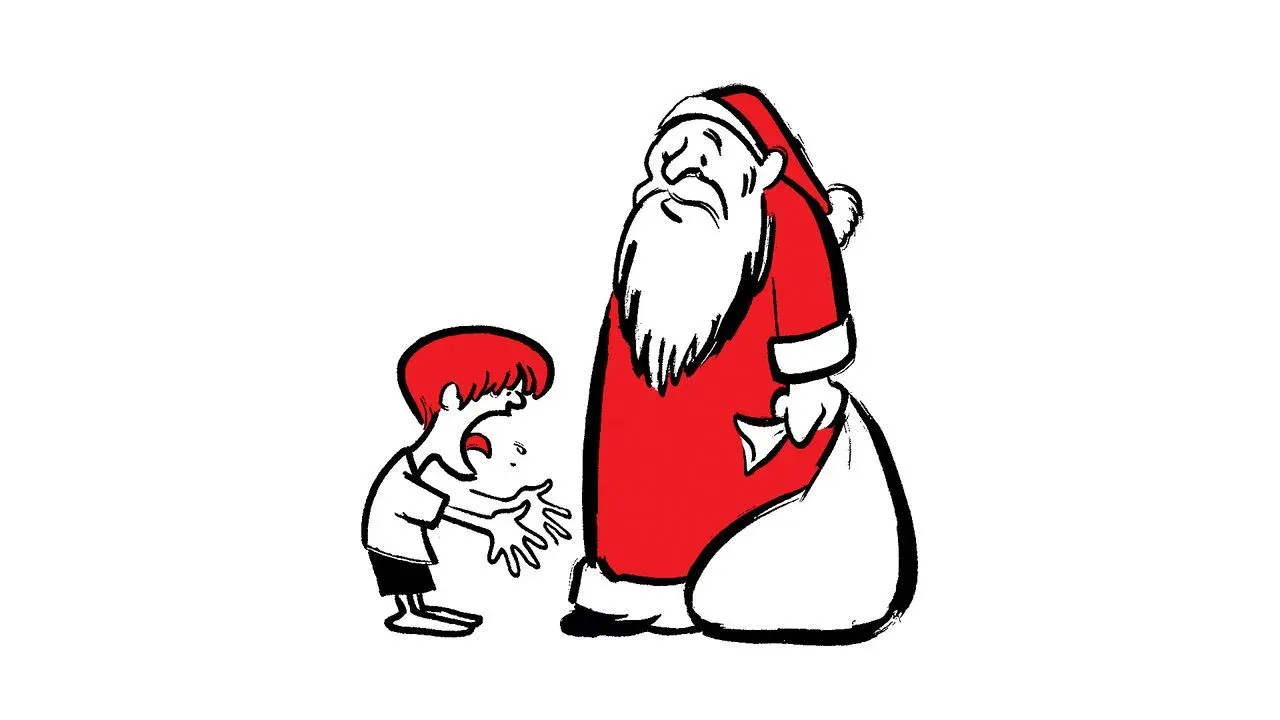 Illustration of a small child looking up at Santa Claus, who gazes back attentively