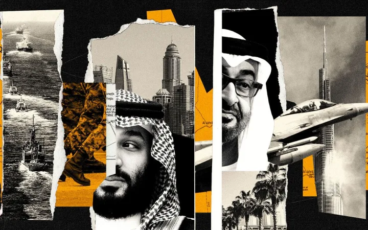 Collage of Muhammad bin Salman and Mohammed bin Zayed, together with pictures of wealth in the Gulf.