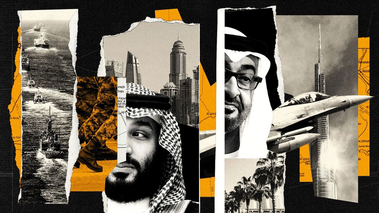 Collage of Muhammad bin Salman and Mohammed bin Zayed alongside images of wealth in the Gulf