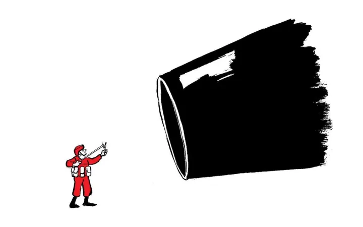 A tiny soldier pointing a gun at a huge dark barrel-shaped mass, dwarfed by its scale.
