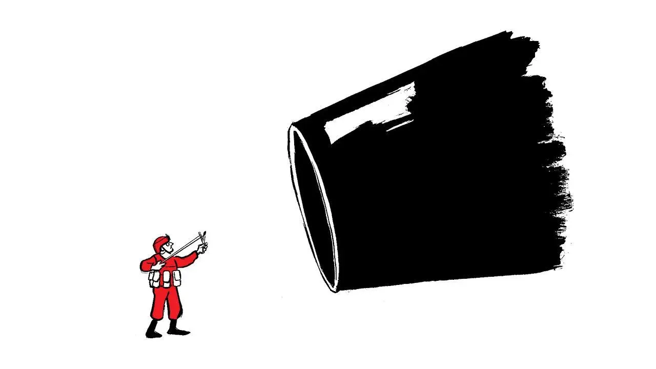 A tiny soldier pointing a gun at a huge dark barrel-shaped mass, dwarfed by its scale.