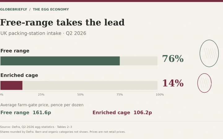 Bar chart: free-range eggs were 76% and enriched-cage eggs 14% of UK packing-station intake in Q2 2026; farm-gate prices were 161.6p and 106.2p per dozen.