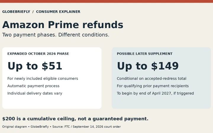 Diagram comparing Amazon Prime refunds: the expanded October 2026 phase is capped at $51; a conditional later supplement is capped at $149, with a $200 cumulative ceiling.