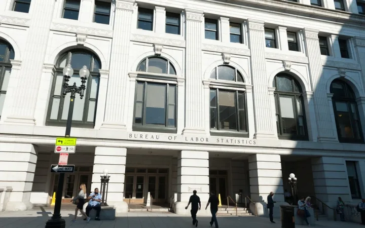 Archival 2017 photograph of the Bureau of Labor Statistics entrance at the Postal Square Building in Washington, D.C.
